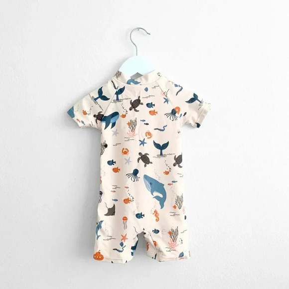 NWT Cute Boys One-Piece Swimsuit Short Sleeve Swimwear Summer Under the Sea 1-2Y - Picture 2 of 6